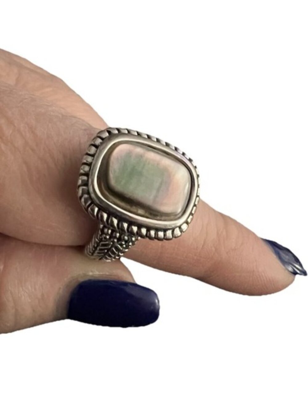 Silver Tone Ring Size 9.5 Smoky‎ Opal Stone With Beaded Rectangular Border